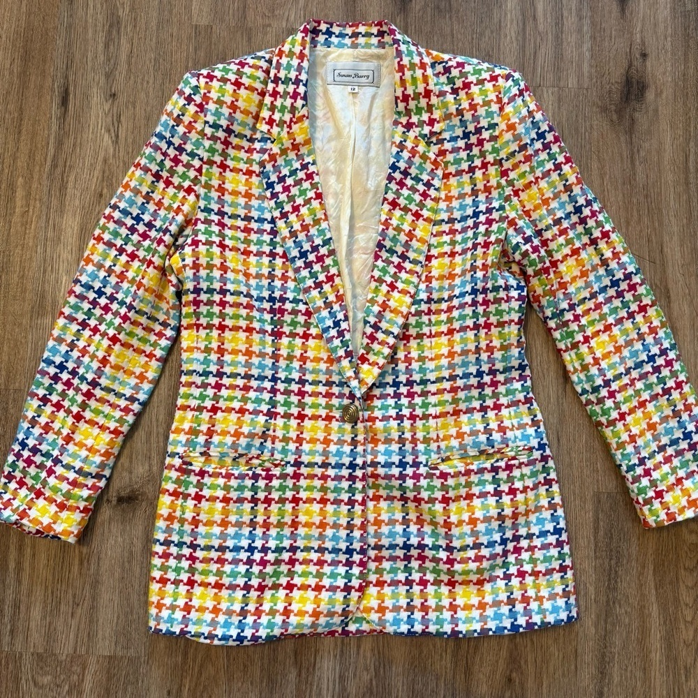 Vintage Blazer Women’s 12 Houndstooth Rainbow Colorful Quirky Preppy Academia